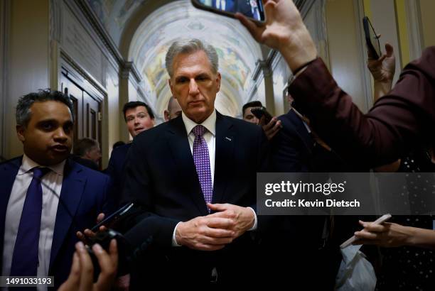 Speaker of the House Kevin McCarthy talks to reporters at the U.S. Capitol on May 17, 2023 in Washington, DC. McCarthy and a group of Republican...