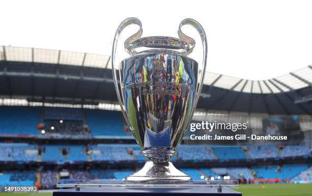 The Champions League Trophy on display ahead of the UEFA Champions League semi-final second leg match between Manchester City FC and Real Madrid at...