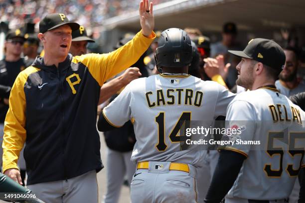 Rodolfo Castro of the Pittsburgh Pirates celebrates scoring a second inning run while playing the Detroit Tigers at Comerica Park on May 17, 2023 in...
