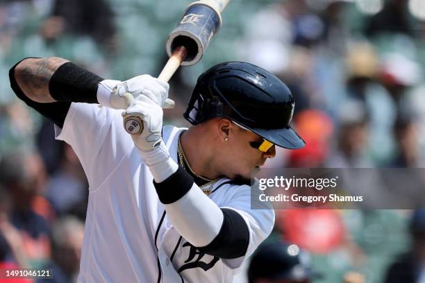 Javier Baez of the Detroit Tigers warms up prior to his first inning at bat against the Pittsburgh Pirates at Comerica Park on May 17, 2023 in...