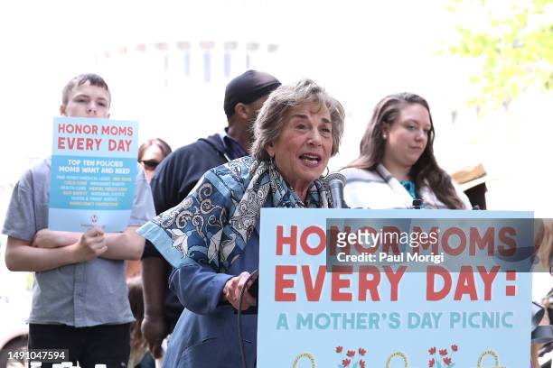 Rep. Jan Schakowsky joins MomsRising members and their kids at a picnic on Capitol Hill to urge Congress to make child care affordable, pass paid...