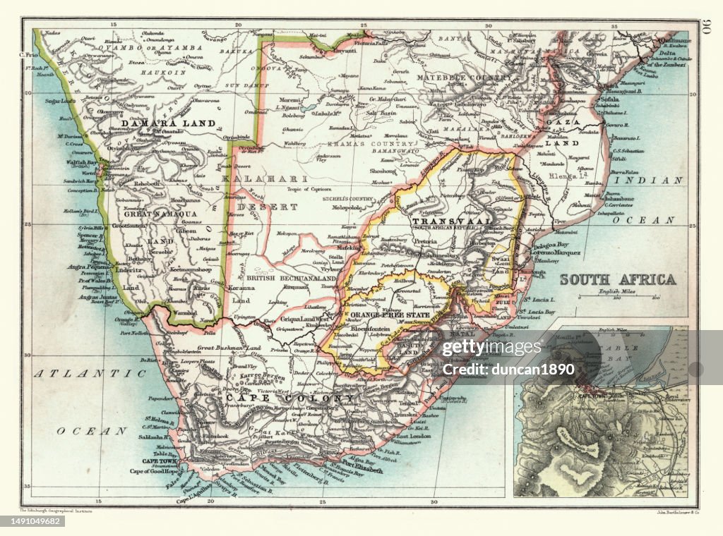 Old Map of South Africa, detail of Cape Town, Transvaal, Cape Colony, Orange Free State, 1890s, 19th Century