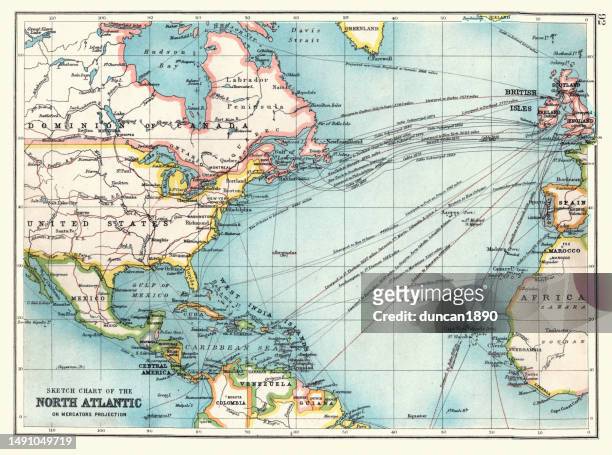 old sketch chart of the north atlantic on mercator projection, shipping routes, europe, north and south america, 1890s, 19th century - venezuela map stock illustrations