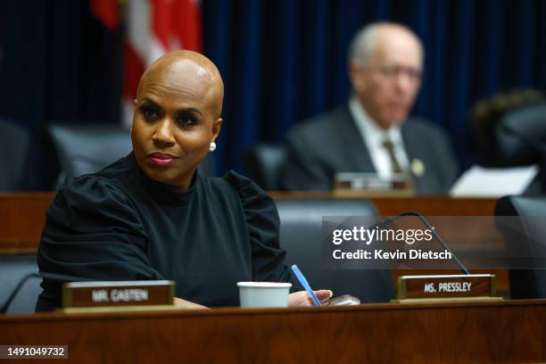 Rep. Ayanna Pressley participates in a House Financial Services Committee Hearing at the Rayburn House Office Building on May 17, 2023 in Washington,...