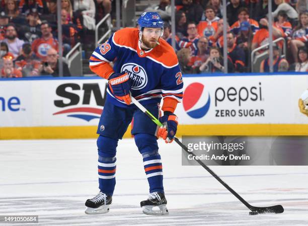 Leon Draisaitl of the Edmonton Oilers skates against the Vegas Golden Knights in Game Six of the Second Round of the 2023 Stanley Cup Playoffs at...
