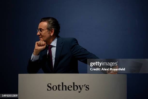 Auctioneer Benjamin Doller, takes bids for The Codex Sassoon during the auction at Sotheby's on May 17 , 2023 in New York City. The codex, which was...