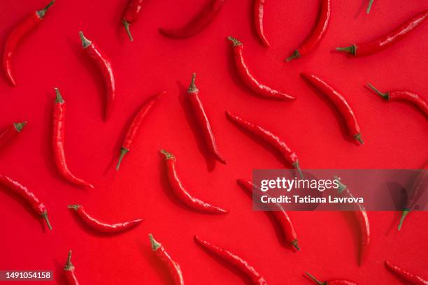 red hot chili peppers pattern on paper background. flat lay, top view, directly above - chilis stockfoto's en -beelden