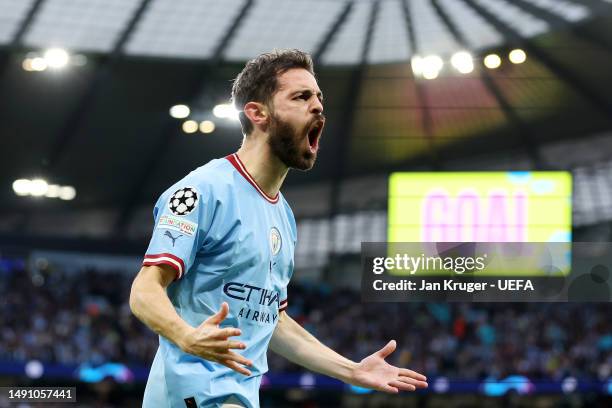 Bernardo Silva of Manchester City celebrates after scoring the team's first goal during the UEFA Champions League semi-final second leg match between...