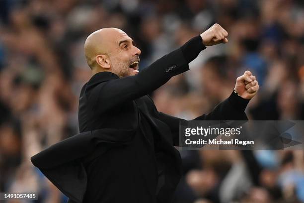 Pep Guardiola, Manager of Manchester City, celebrates their sides first goal during the UEFA Champions League semi-final second leg match between...