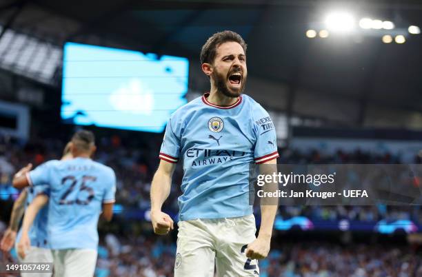 Bernardo Silva of Manchester City celebrates after scoring the team's first goal during the UEFA Champions League semi-final second leg match between...