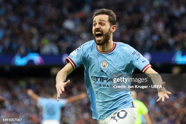 Bernardo Silva of Manchester City celebrates after scoring the team's first goal during the UEFA Champions League semi-final second leg match between...