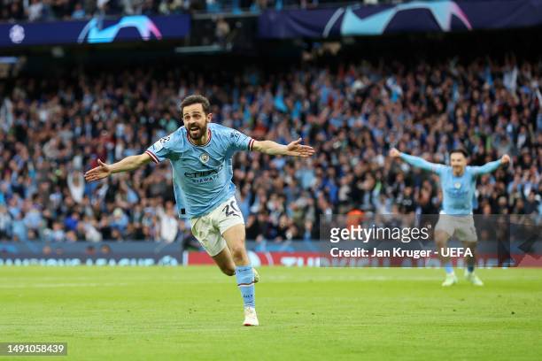 Bernardo Silva of Manchester City celebrates after scoring the team's first goal during the UEFA Champions League semi-final second leg match between...