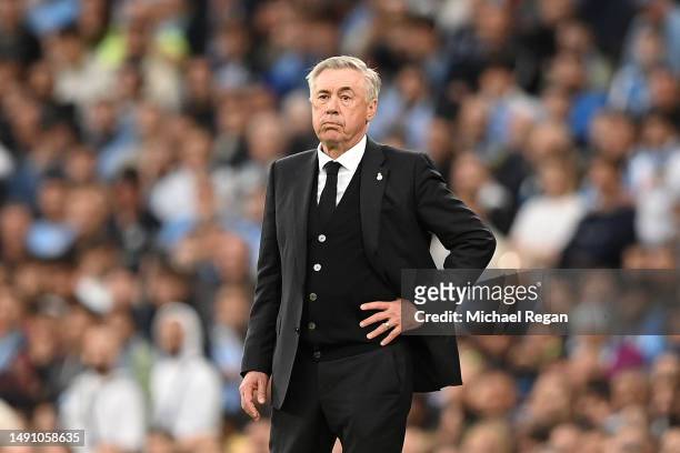 Carlo Ancelotti, Head Coach of Real Madrid, looks on during the UEFA Champions League semi-final second leg match between Manchester City FC and Real...