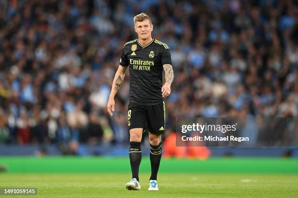 Toni Kroos of Real Madrid reacts during the UEFA Champions League semi-final second leg match between Manchester City FC and Real Madrid at Etihad...