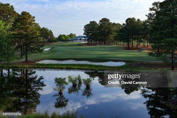 View from the tee on the par 4, 18th hole with the clubhouse behind on the Pinehurst No.8 course at The Pinehurst Resort on May 13, 2023 in...