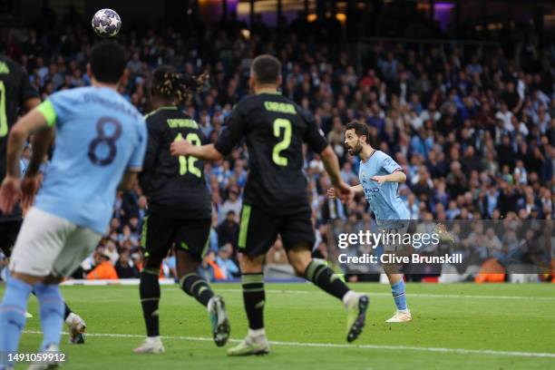 Bernardo Silva of Manchester City scores the team's second goal during the UEFA Champions League semi-final second leg match between Manchester City...