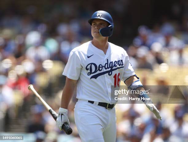 Will Smith of the Los Angeles Dodgers reacts to his strikeout during the first inning against the Minnesota Twins at Dodger Stadium on May 17, 2023...