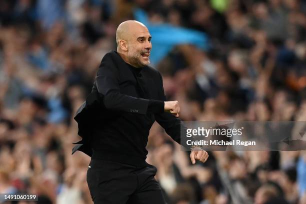 Pep Guardiola, Manager of Manchester City, celebrates after their sides second goal during the UEFA Champions League semi-final second leg match...