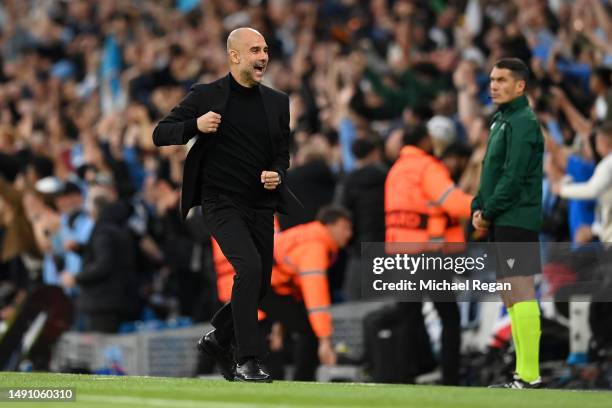 Pep Guardiola, Manager of Manchester City, celebrates after their sides second goal during the UEFA Champions League semi-final second leg match...