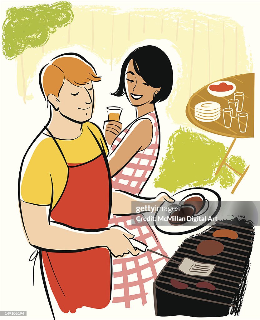 Man and woman grilling meat on BBQ