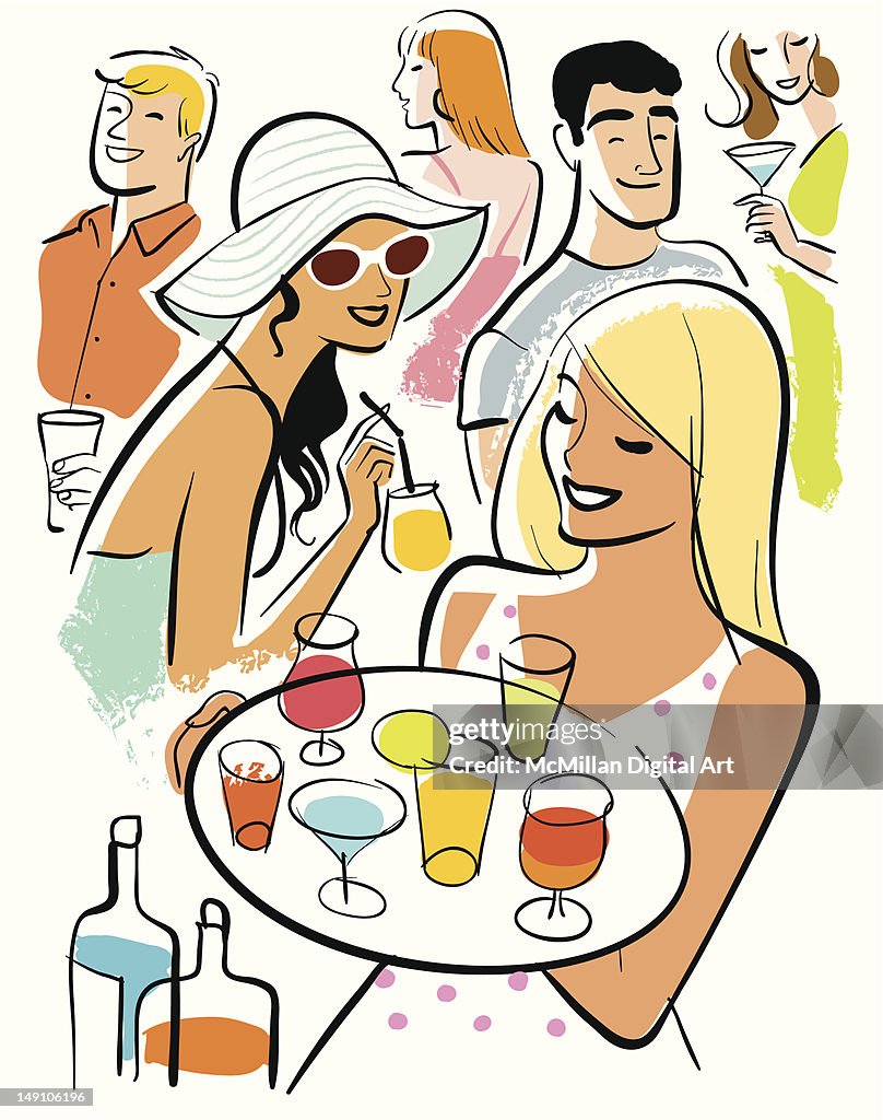 Woman carrying tray of cocktails at party