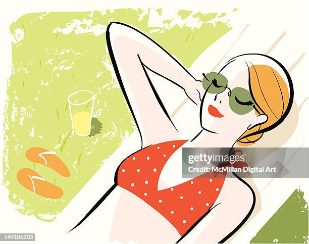 illustrazioni stock, clip art, cartoni animati e icone di tendenza di woman sunbathing - rossetto rosso