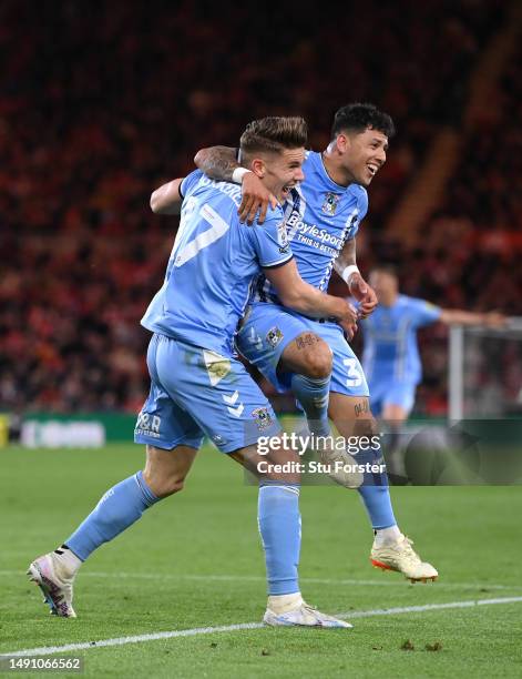 Coventry player Gustavo Hamer celebrates with Viktor Gyokeres after scoring the first Coventry goal during the Sky Bet Championship Play-Off...