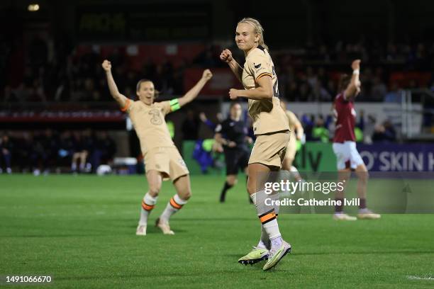 Pernille Harder of Chelsea celebrates after scoring the team's second goal during the FA Women's Super League match between West Ham United and...