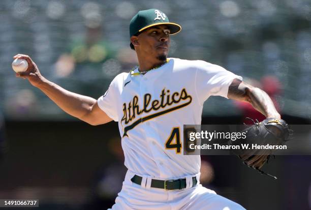 Luis Medina of the Oakland Athletics pitches against the Arizona Diamondbacks in the top of the first inning at RingCentral Coliseum on May 17, 2023...