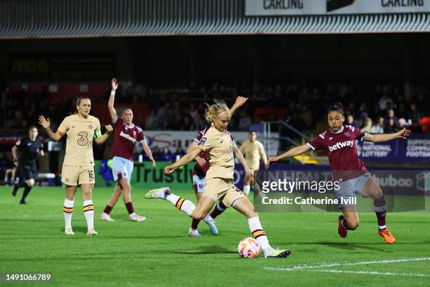 Pernille Harder of Chelsea scores the team's second goal during the FA Women's Super League match between West Ham United and Chelsea at Chigwell...