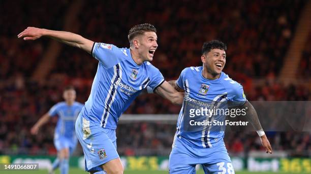 Coventry player Gustavo Hamer celebrates with Viktor Gyokeres after scoring the first Coventry goal during the Sky Bet Championship Play-Off...