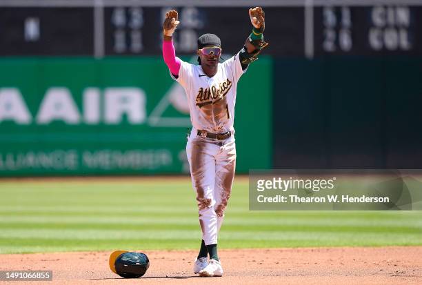 Esteury Ruiz of the Oakland Athletics celebrates after hitting a lead off double against the Arizona Diamondbacks in the bottom of the first inning...