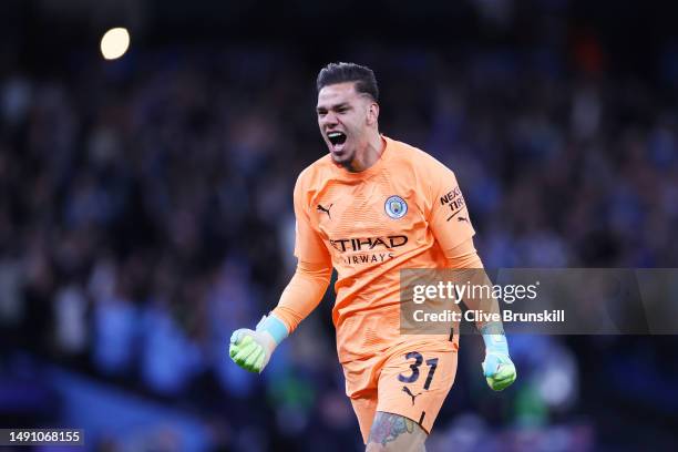 Ederson of Manchester City celebrates after their sides third goal during the UEFA Champions League semi-final second leg match between Manchester...