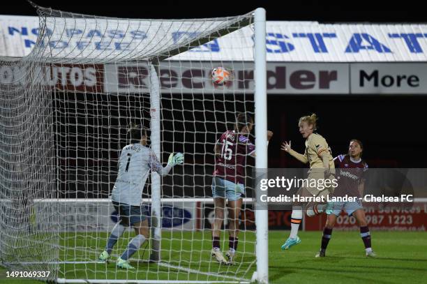 Sophie Ingle of Chelsea scores her team's third goal during the FA Women's Super League match between West Ham United and Chelsea at Chigwell...