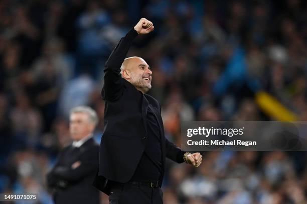 Pep Guardiola, Manager of Manchester City, celebrates after their sides fourth goal during the UEFA Champions League semi-final second leg match...