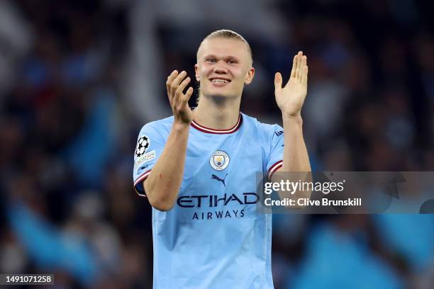 Erling Haaland of Manchester City celebrates after the team's victory during the UEFA Champions League semi-final second leg match between Manchester...