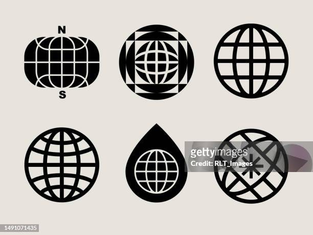 ilustraciones, imágenes clip art, dibujos animados e iconos de stock de iconos modernos del globo terráqueo de mediados de siglo - logotipos