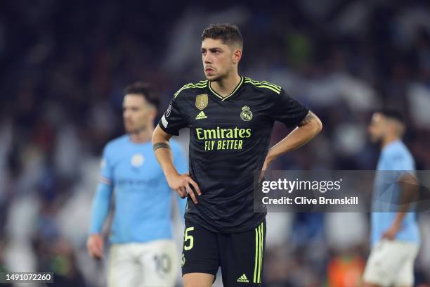 Federico Valverde of Real Madrid looks dejected following the team's defeat during the UEFA Champions League semi-final second leg match between...