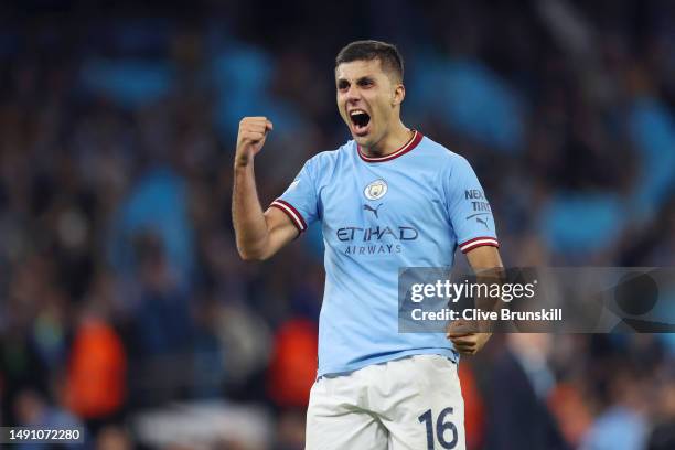 Rodri of Manchester City celebrates after the team's victory during the UEFA Champions League semi-final second leg match between Manchester City FC...