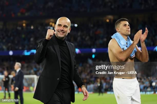 Pep Guardiola, Manager of Manchester City, celebrates during the UEFA Champions League semi-final second leg match between Manchester City FC and...