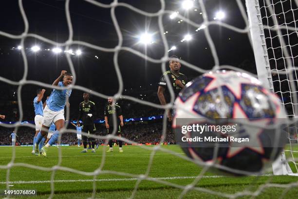 Manuel Akanji of Man City celebrates scoring to make it 3-0 during the UEFA Champions League semi-final second leg match between Manchester City FC...