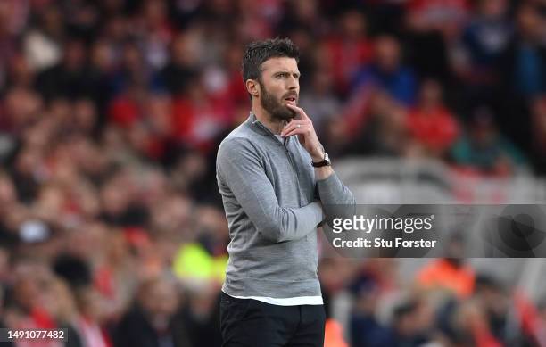 Middlesbrough Head Coach Michael Carrick reacts on the sidelines during the Sky Bet Championship Play-Off Semi-Final Second Leg match between...