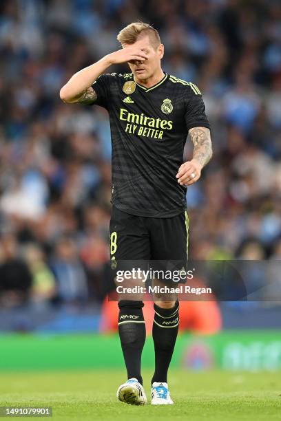 Toni Kroos of Real Madrid reacts during the UEFA Champions League semi-final second leg match between Manchester City FC and Real Madrid at Etihad...