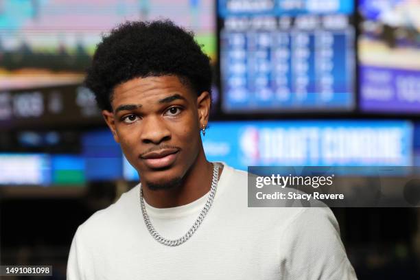 Scoot Henderson speaks with the media during the NBA Draft Combine at the Wintrust Arena on May 17, 2023 in Chicago, Illinois. NOTE TO USER: User...