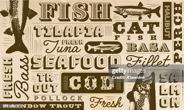 stockillustraties, clipart, cartoons en iconen met fish pattern in vintage or old fashioned worn newspaper style layout design template for packaging and products - fillet