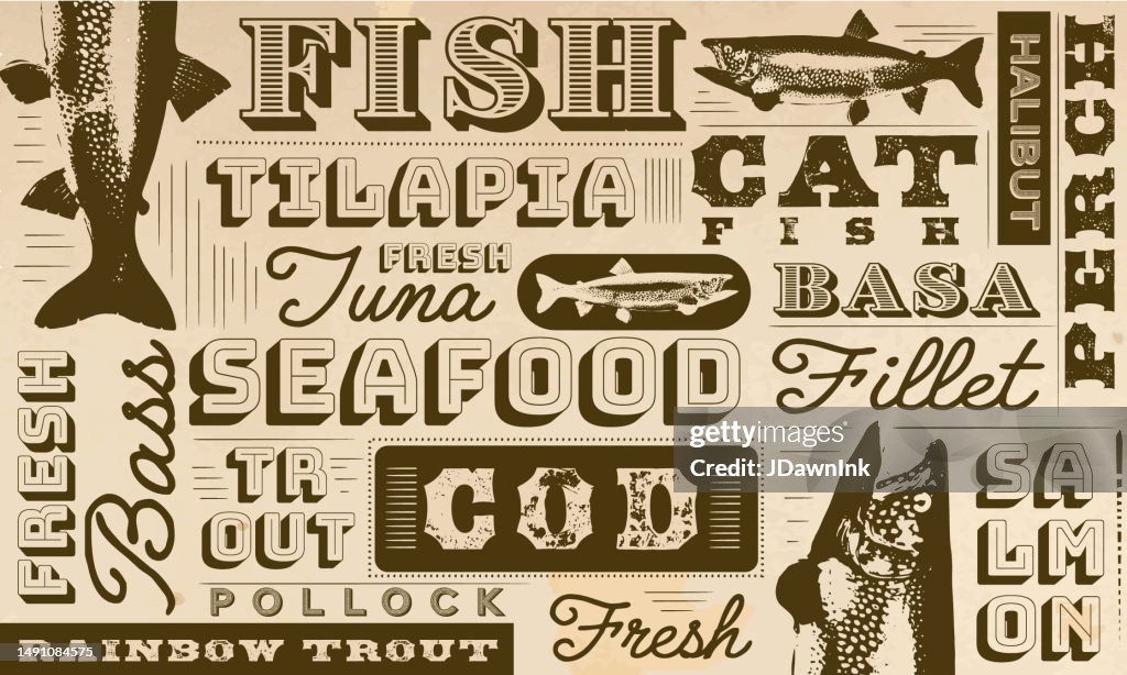 Fish pattern in vintage or old fashioned worn newspaper style layout design template for packaging and products