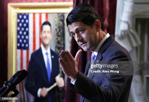 Former U.S. Speaker of the House and former Rep. Paul Ryan speaks next to a portrait of himself during a portrait unveiling ceremony in Statuary Hall...