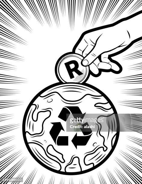 a human hand putting money into the planet earth with a recycling symbol in the background with radial manga speed lines, the concept of sustainable business, growing a clean eco earth fund, and environmental protection - rand stock illustrations