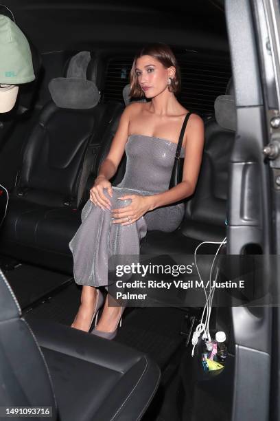 Hailey Bieber is seen leaving Rhode launch party at Chiltern Firehouse on May 17, 2023 in London, England.