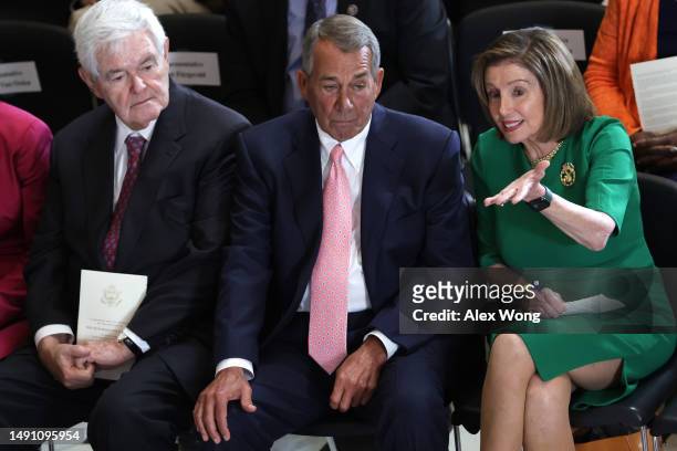 Former Speakers of the House Rep. Newt Gingrich , Rep. John Boehner and Rep. Nancy Pelosi attend a portrait unveiling ceremony for former Speaker of...